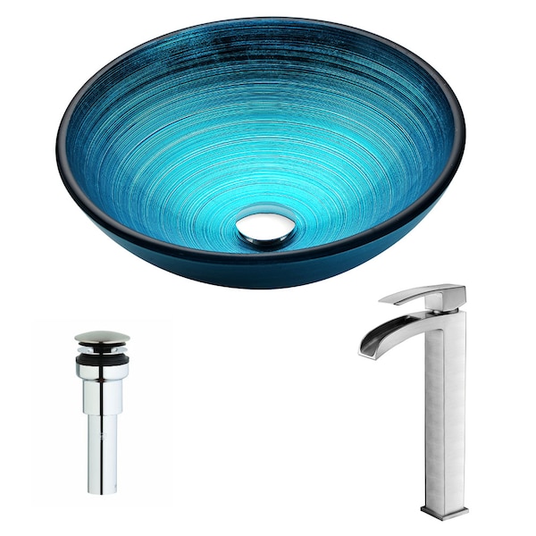 Anzzi Enti Deco-Glass Vessel Sink in Blue with Key Faucet in Brushed Nickel LSAZ045-097B - main